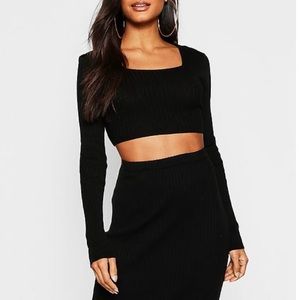 Rib Knit Long Sleeved Top And MIDI skirt set